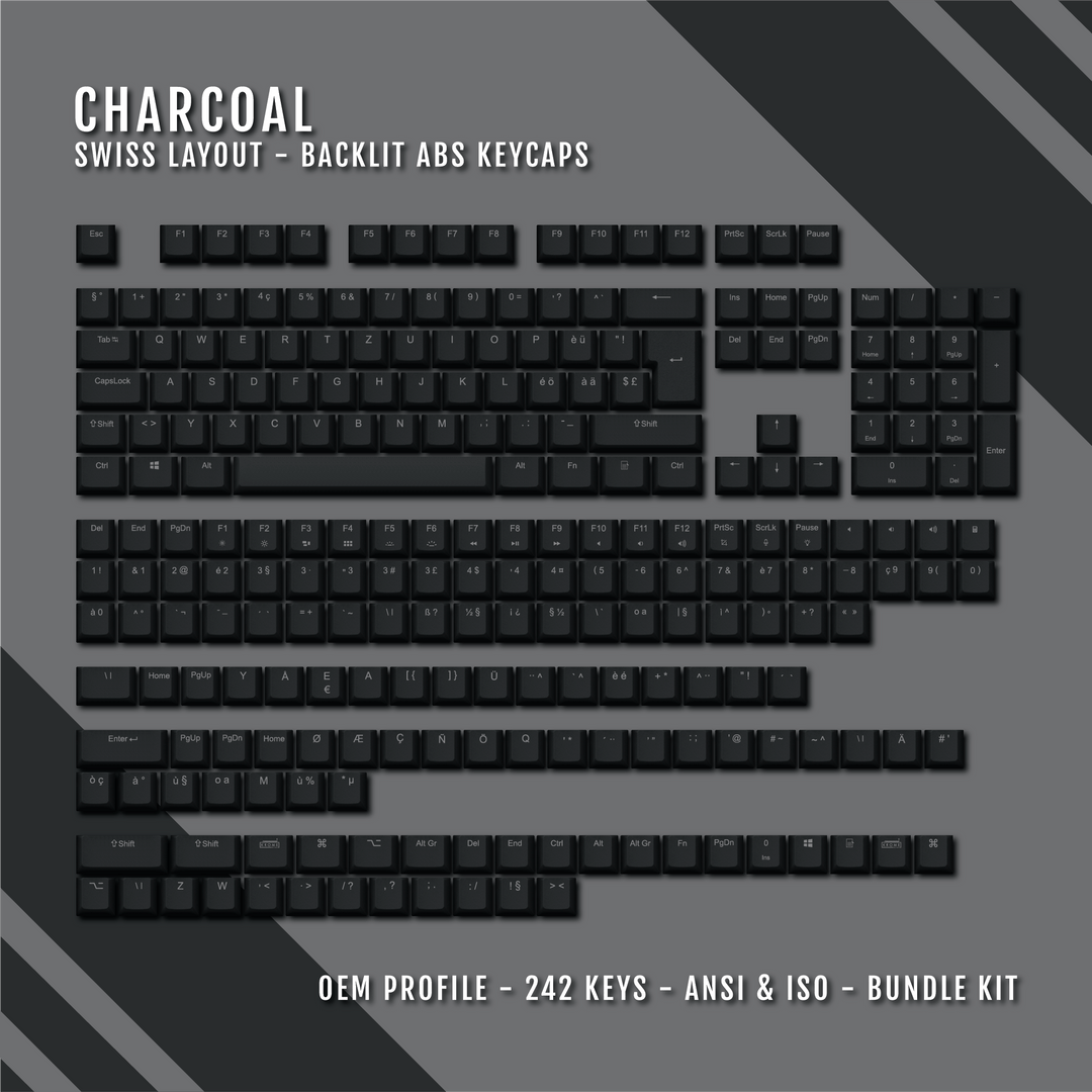 Charcoal Swiss (ISO-CH) Backlit ABS Keycaps for Windows & Mac Krome Keycaps LTD swiss