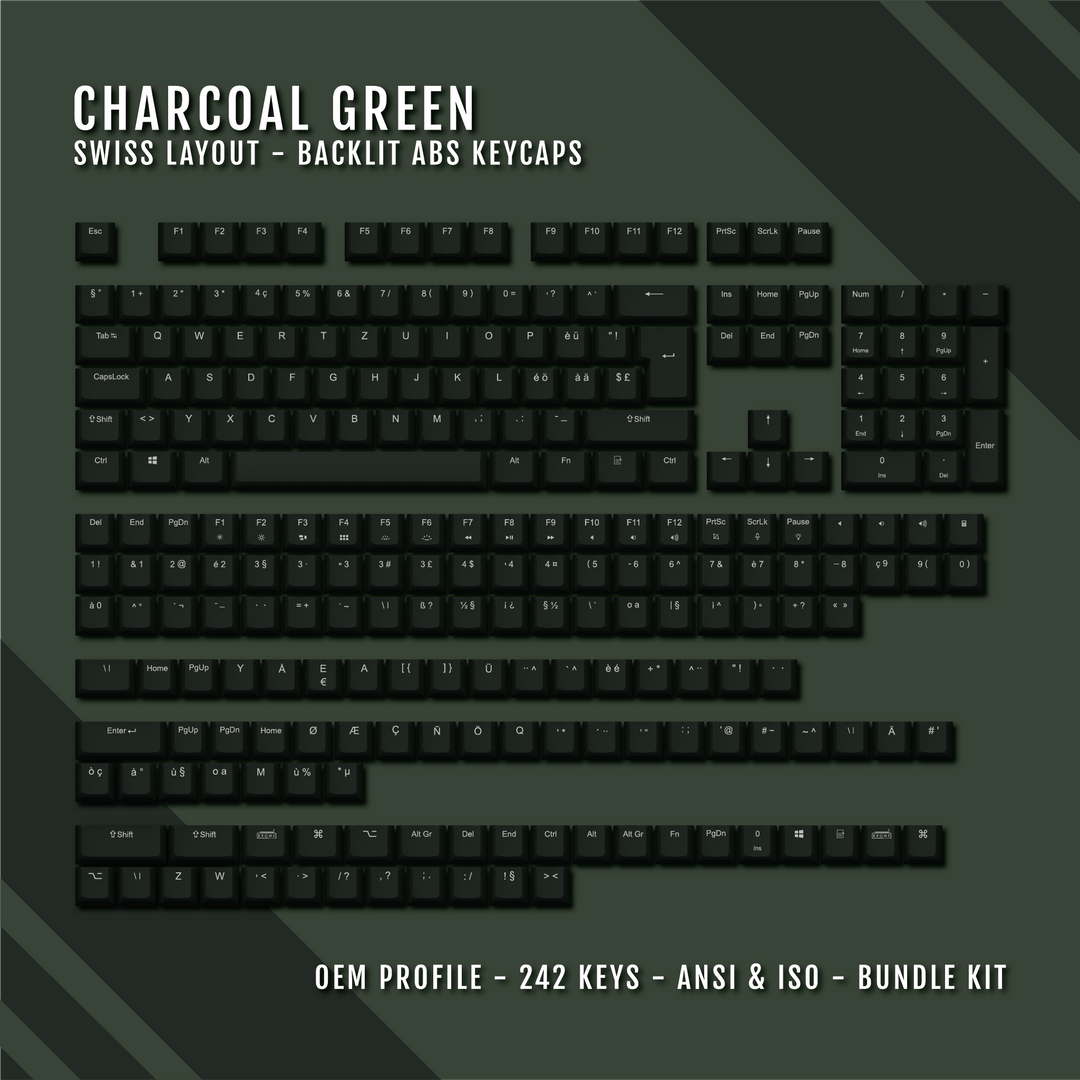Charcoal Green Backlit Swiss Keycaps - ISO-CH - Windows & Mac - kromekeycaps