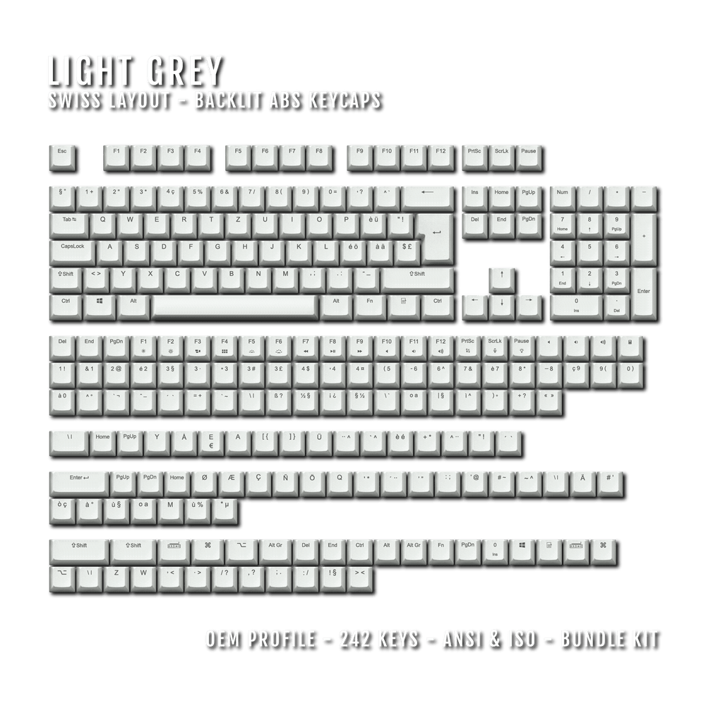 Light Grey Backlit Swiss Keycaps - ISO-CH - Windows & Mac - kromekeycaps