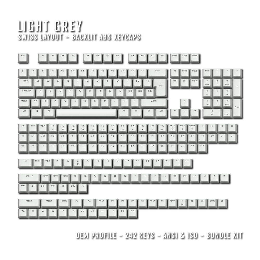 Light Grey Swiss (ISO-CH) Backlit ABS Keycaps for Windows & Mac Krome Keycaps LTD swiss