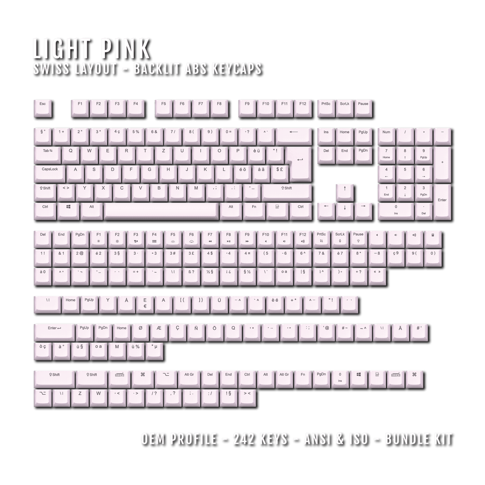 Light Pink Swiss (ISO-CH) Backlit ABS Keycaps for Windows & Mac Krome Keycaps LTD swiss