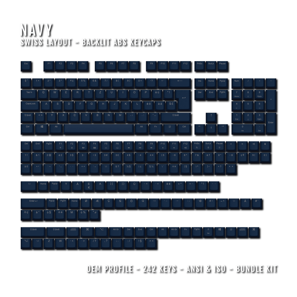 Navy Swiss (ISO-CH) Backlit ABS Keycaps for Windows & Mac Krome Keycaps LTD swiss