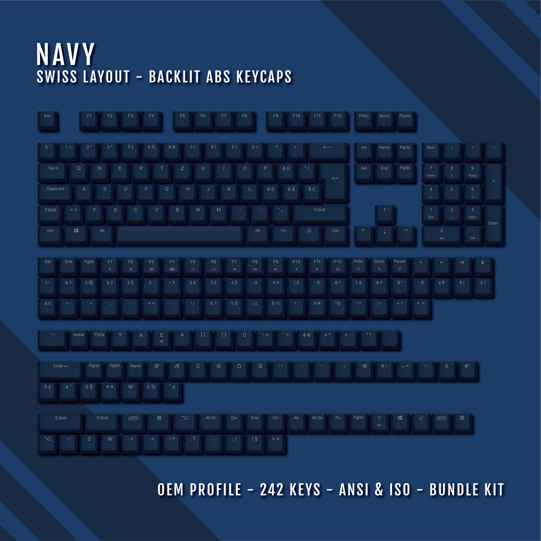Navy Swiss (ISO-CH) Backlit ABS Keycaps for Windows & Mac Krome Keycaps LTD swiss