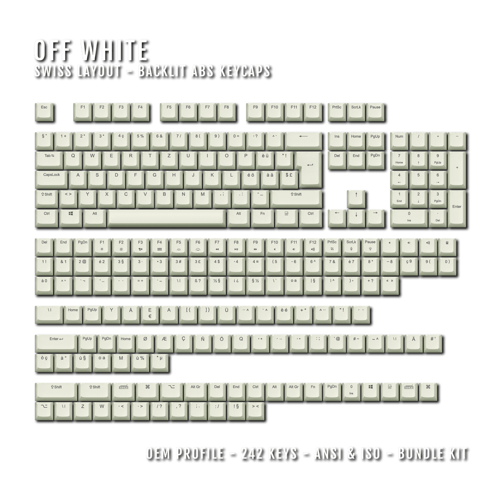 Off White Swiss (ISO-CH) Backlit ABS Keycaps for Windows & Mac Krome Keycaps LTD swiss