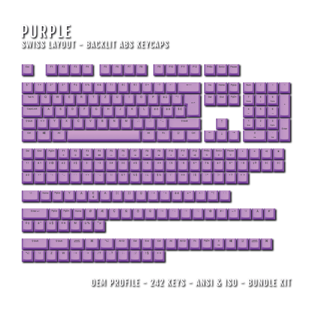 Purple Swiss (ISO-CH) Backlit ABS Keycaps for Windows & Mac Krome Keycaps LTD swiss