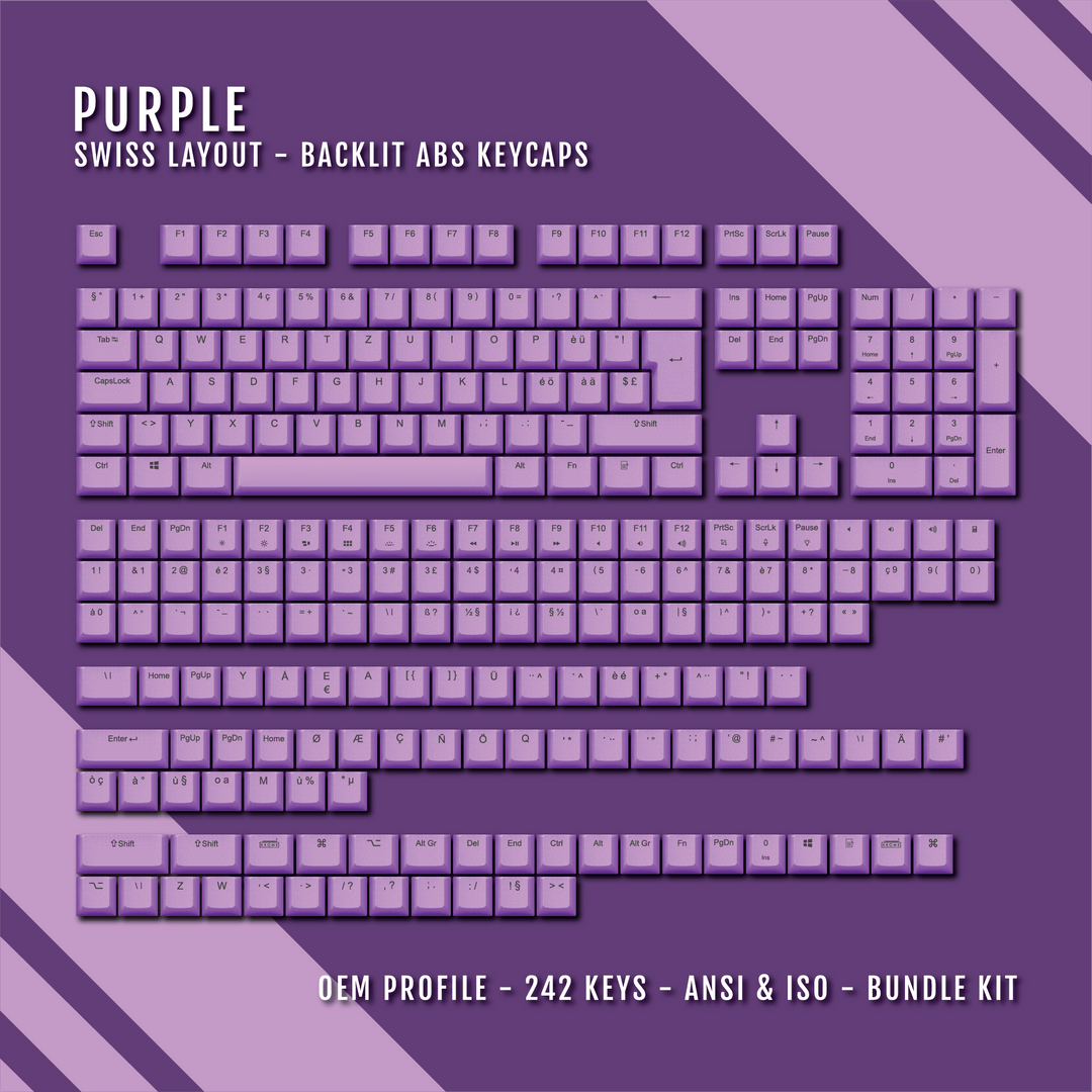 Purple Swiss (ISO-CH) Backlit ABS Keycaps for Windows & Mac Krome Keycaps LTD swiss