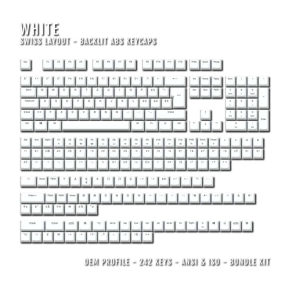 White Swiss (ISO-CH) Backlit ABS Keycaps for Windows & Mac Krome Keycaps LTD swiss
