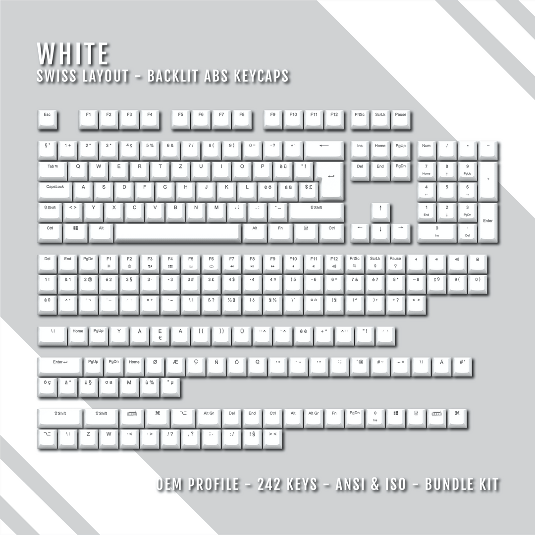 White Swiss (ISO-CH) Backlit ABS Keycaps for Windows & Mac Krome Keycaps LTD swiss