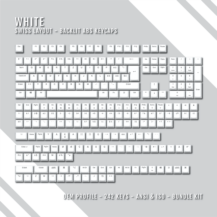 White Swiss (ISO-CH) Backlit ABS Keycaps for Windows & Mac Krome Keycaps LTD swiss