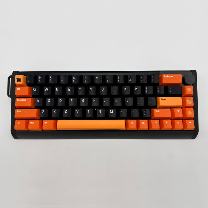 TANGERINE DREAM QWERTY PBT keycaps on a mechanical keyboard, featuring OEM profile keys with Black, Orange and Light Orange Keycaps