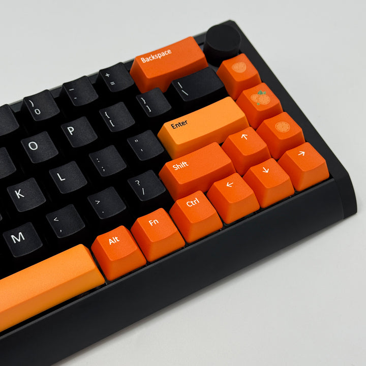 TANGERINE DREAM QWERTY PBT keycaps on a mechanical keyboard, featuring OEM profile keys with Black, Orange and Light Orange Keycaps