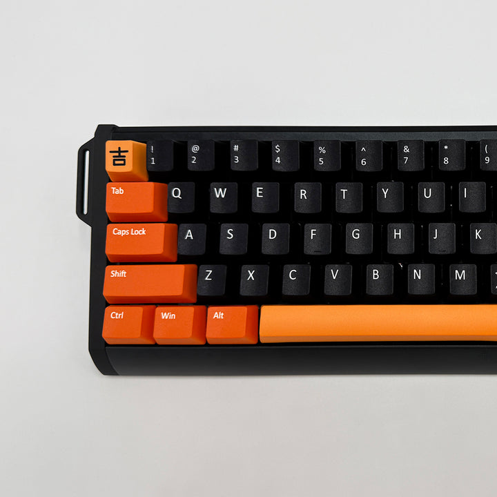 TANGERINE DREAM QWERTY PBT keycaps on a mechanical keyboard, featuring OEM profile keys with Black, Orange and Light Orange Keycaps