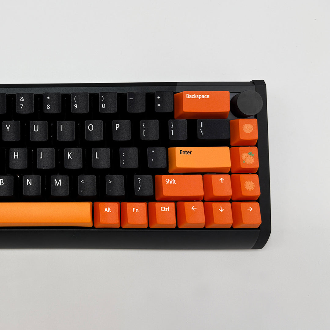 TANGERINE DREAM QWERTY PBT keycaps on a mechanical keyboard, featuring OEM profile keys with Black, Orange and Light Orange Keycaps