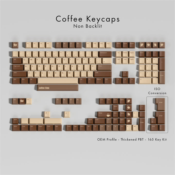 Coffee keycaps set on a gray background with text indicating non-backlit and ISO conversion.
