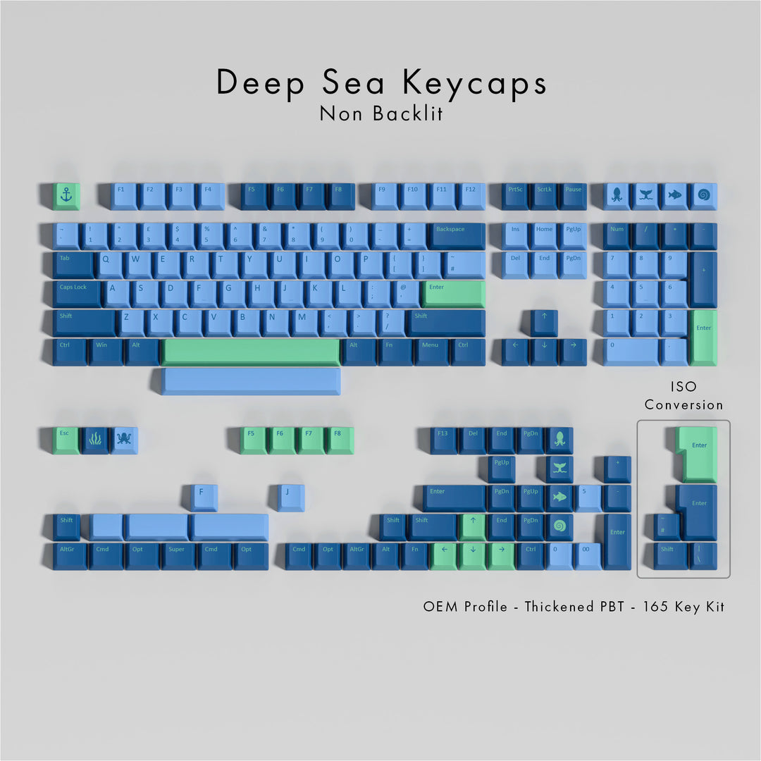 Set of Deep Sea PBT keycaps on a light gray background
