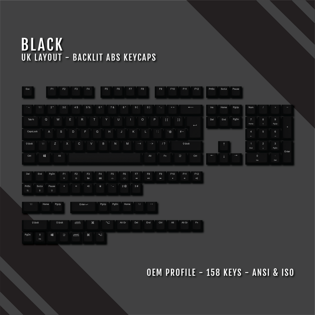 Black Backlit UK Keycaps - ISO/ANSI - Windows & Mac - kromekeycaps