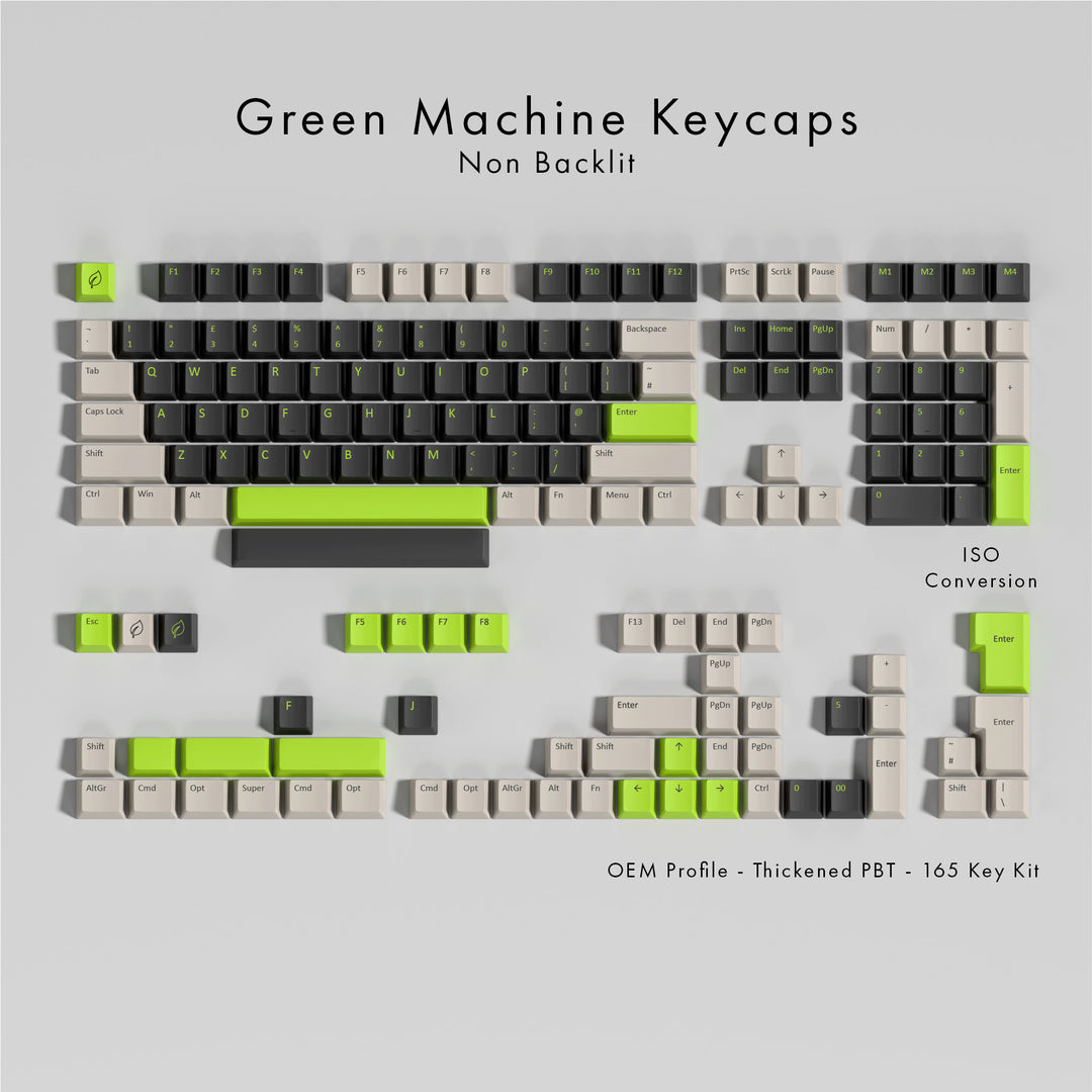 Set of Green Machine keycaps on a gray background with text detailing product features.