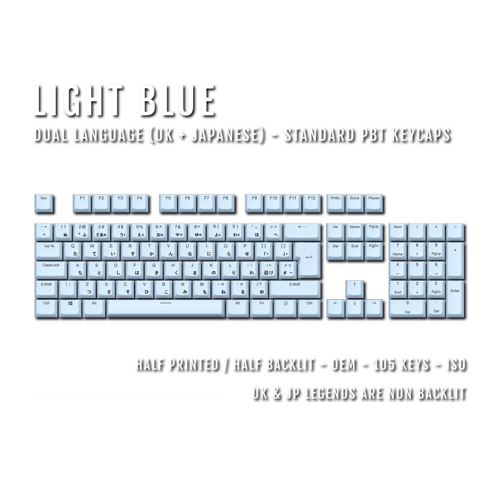 UK Light Blue PBT Japanese (Hiragana) Keycaps - 100% Size - Dual Language Keycaps - kromekeycaps