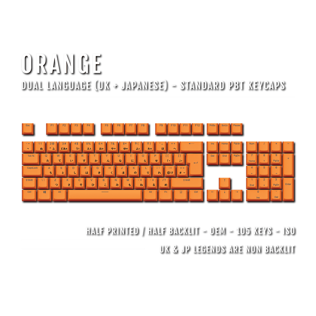 UK Orange PBT Japanese (Hiragana) Keycaps - 100% Size - Dual Language Keycaps - kromekeycaps