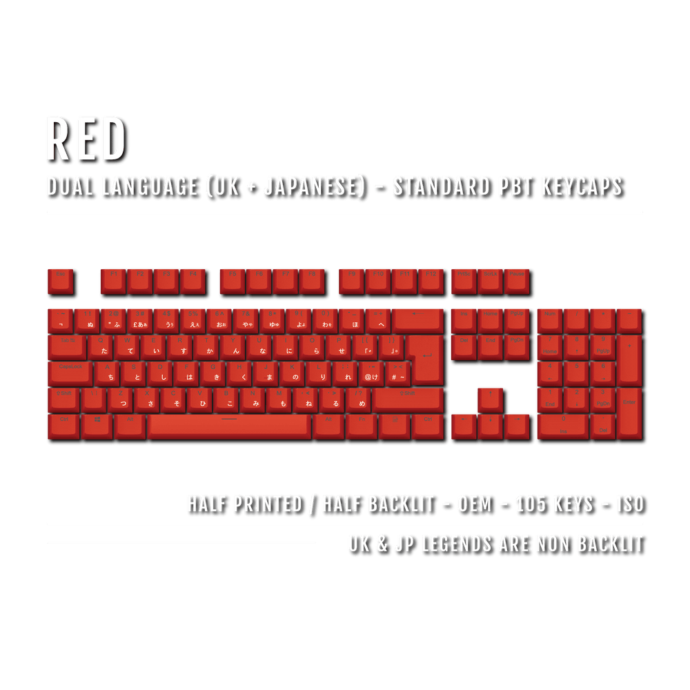 UK Red PBT Japanese (Hiragana) Keycaps - 100% Size - Dual Language Keycaps - kromekeycaps