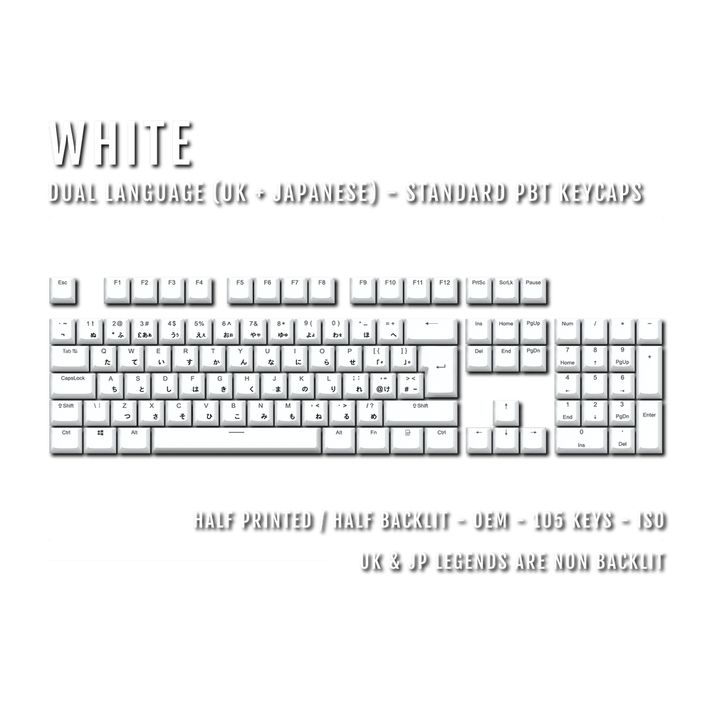 UK White PBT Japanese (Hiragana) Keycaps - 100% Size - Dual Language Keycaps - kromekeycaps