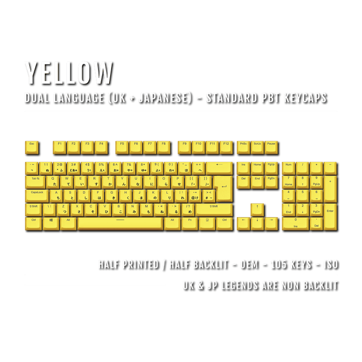 UK Yellow PBT Japanese (Hiragana) Keycaps - 100% Size - Dual Language Keycaps - kromekeycaps