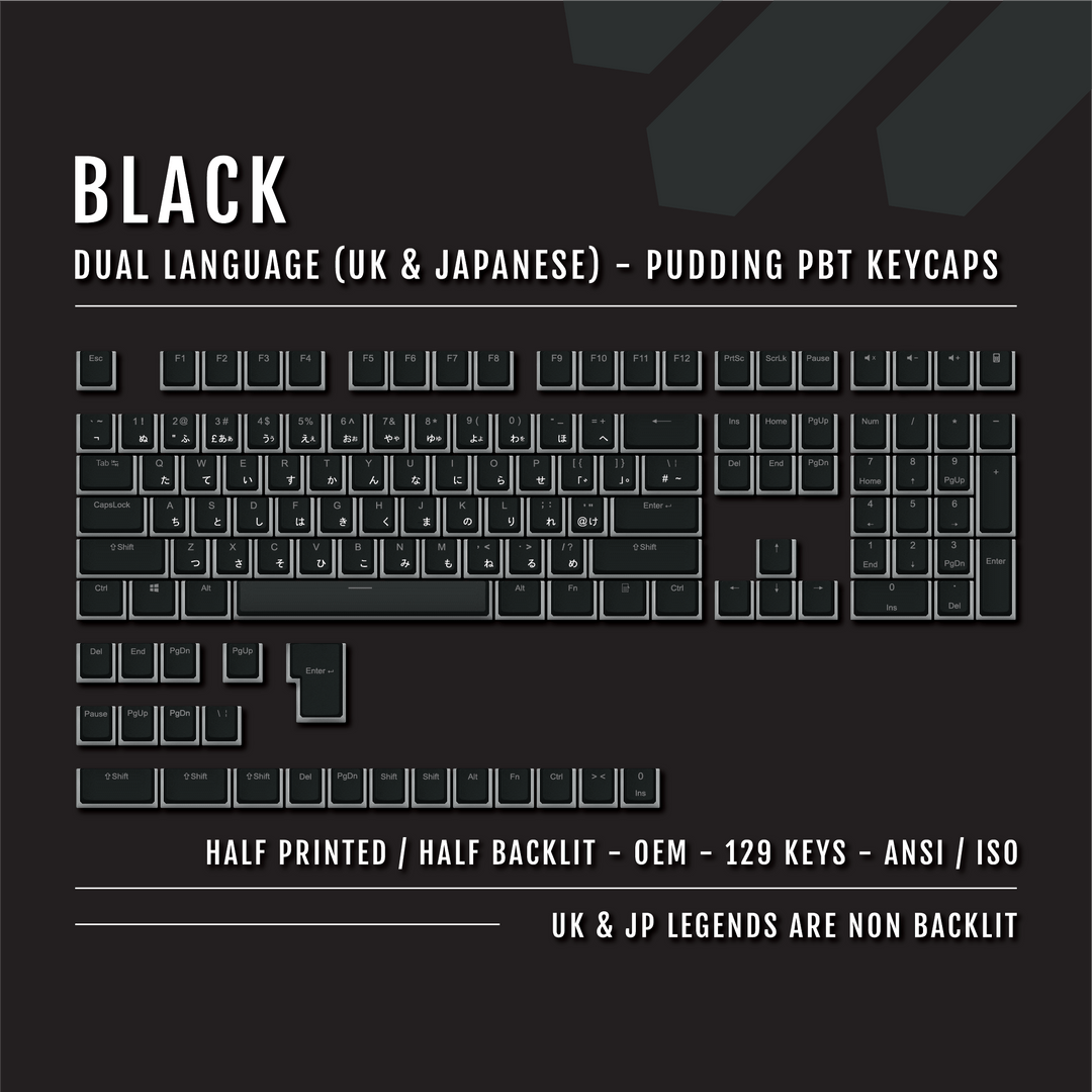 Black UK & Japanese Dual Language PBT Pudding Keycaps Krome Keycaps LTD Kanji Pudding