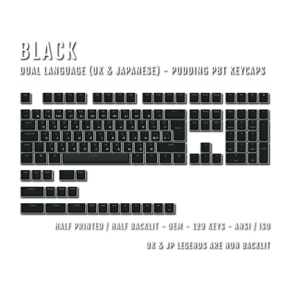Black UK & Japanese Dual Language PBT Pudding Keycaps Krome Keycaps LTD Kanji Pudding