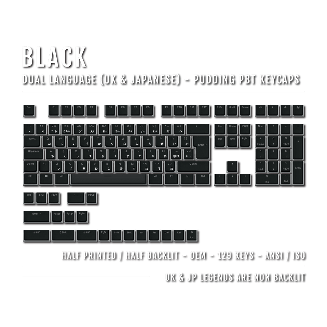 Black UK & Japanese Dual Language PBT Pudding Keycaps Krome Keycaps LTD Kanji Pudding