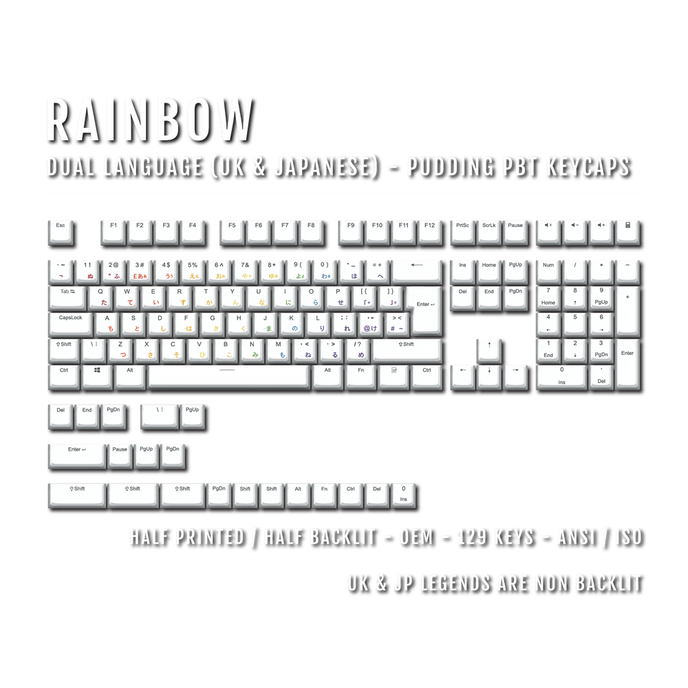 White Rainbow UK & Japanese Dual Language PBT Pudding Keycaps Krome Keycaps LTD Kanji Pudding