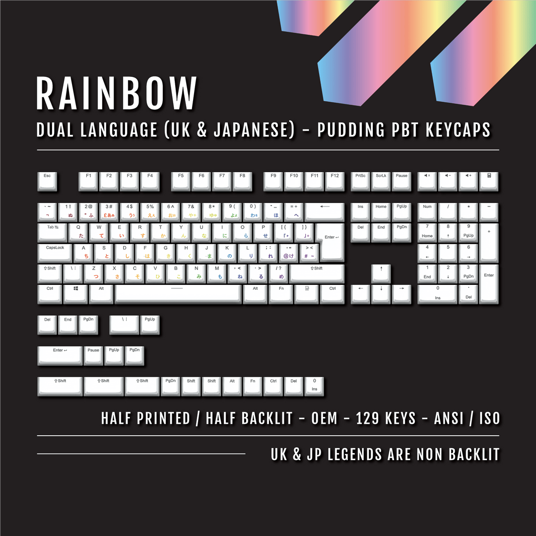 White Rainbow UK & Japanese Dual Language PBT Pudding Keycaps Krome Keycaps LTD Kanji Pudding