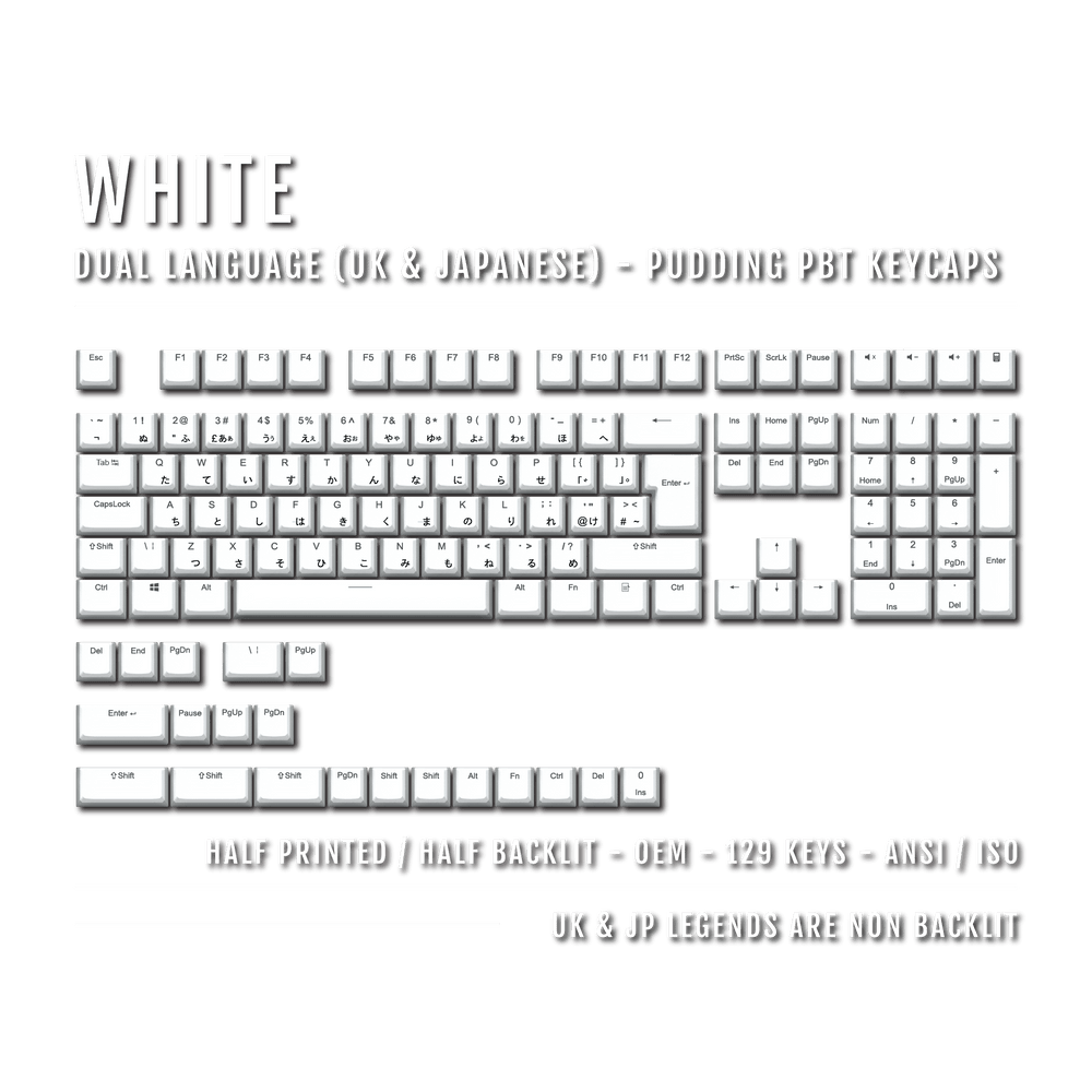 White UK & Japanese Dual Language PBT Pudding Keycaps Krome Keycaps LTD Kanji Pudding
