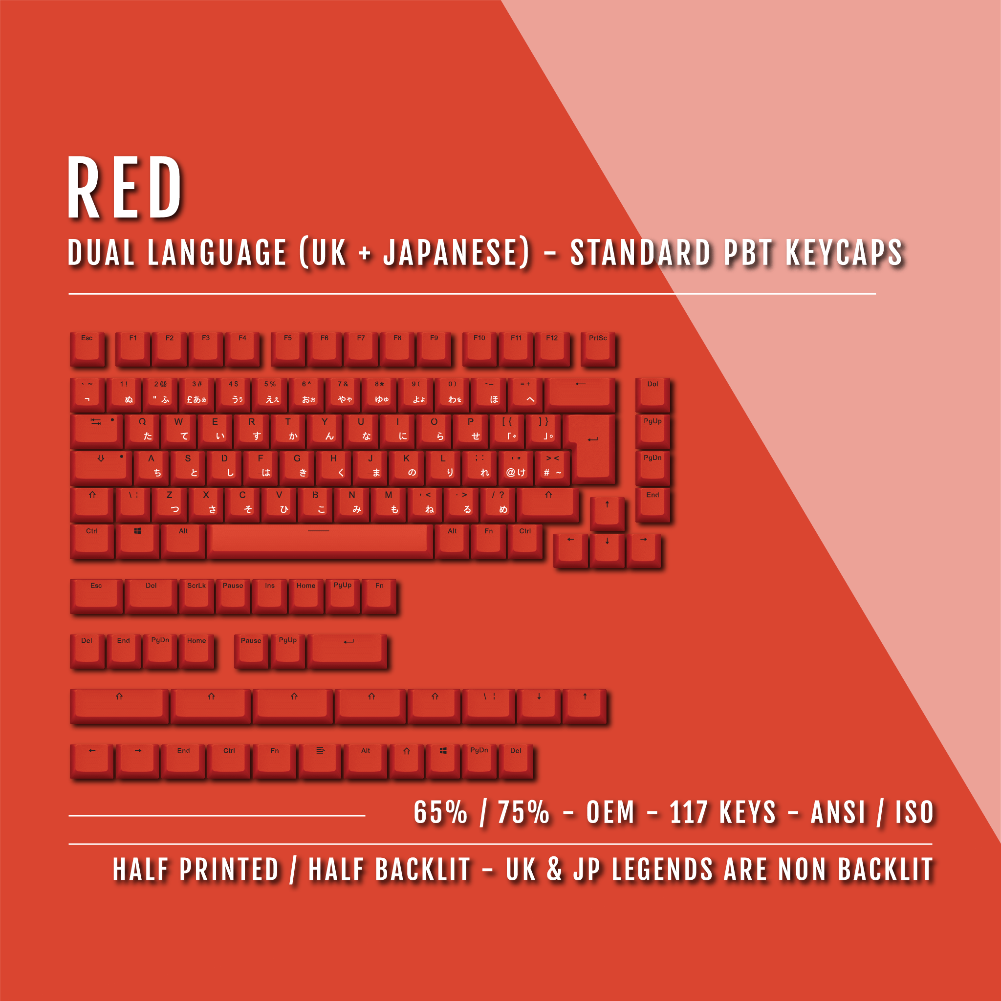 Red UK & Japanese Dual Language PBT Keycaps – 65/75% – Krome Keycaps LTD