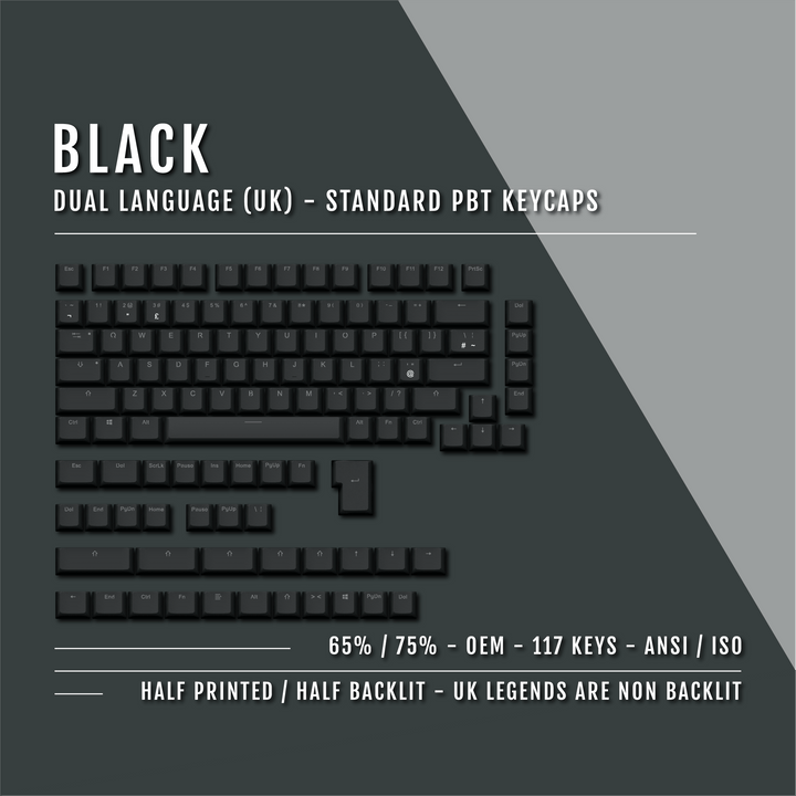 Black UK Dual Language PBT Keycaps - 65/75% Krome Keycaps LTD Single Colour, UK