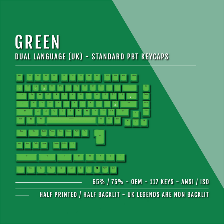 Green UK Dual Language PBT Keycaps - 65/75% Krome Keycaps LTD Single Colour, UK