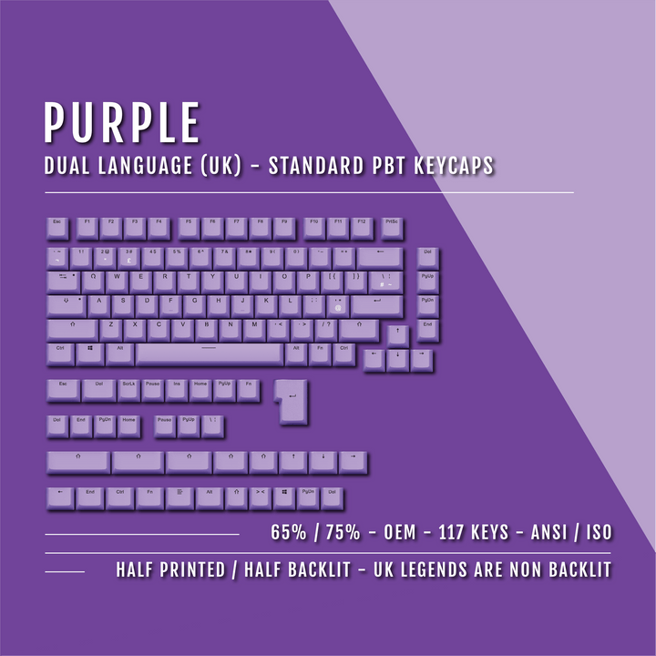 Purple UK Dual Language PBT Keycaps - 65/75% Krome Keycaps LTD Single Colour, UK