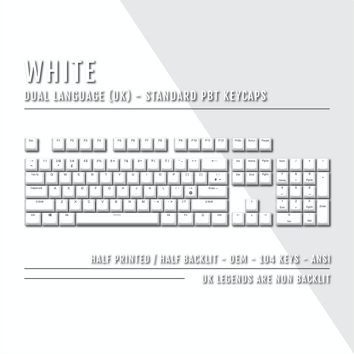 UK White PBT Keycaps - ISO/ANSI - 100% Size - Dual Language Keycaps - kromekeycaps