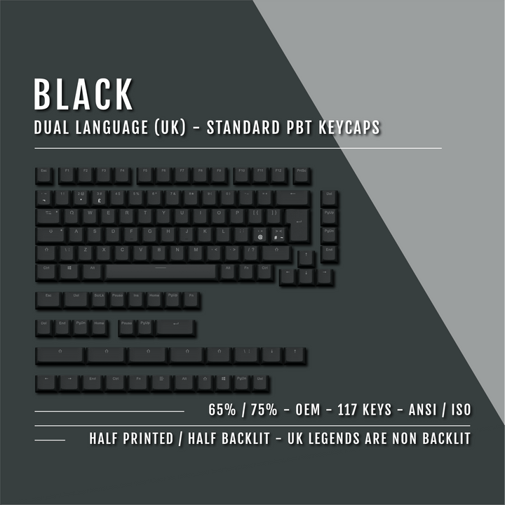 Black UK Dual Language PBT Keycaps - 65/75% Krome Keycaps LTD Single Colour, UK