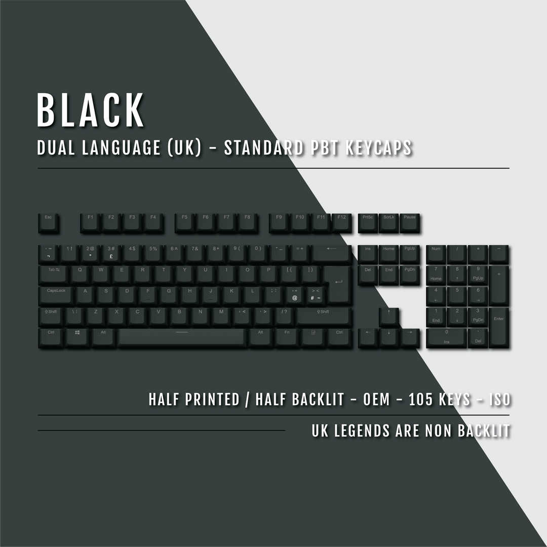 UK Black PBT Keycaps - ISO/ANSI - 100% Size - Dual Language Keycaps - kromekeycaps