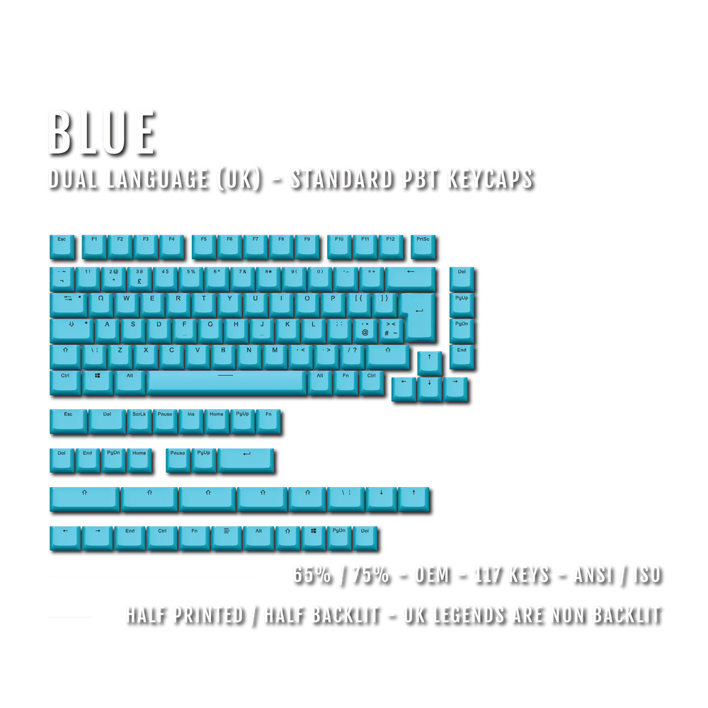 UK Blue PBT Keycaps - ISO/ANSI - 65/75% Sizes - Dual Language Keycaps - kromekeycaps
