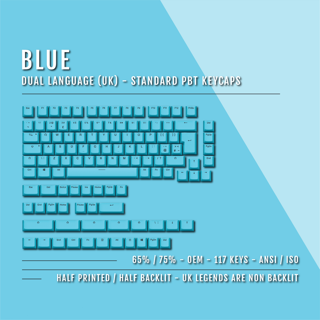 UK Blue PBT Keycaps - ISO/ANSI - 65/75% Sizes - Dual Language Keycaps - kromekeycaps