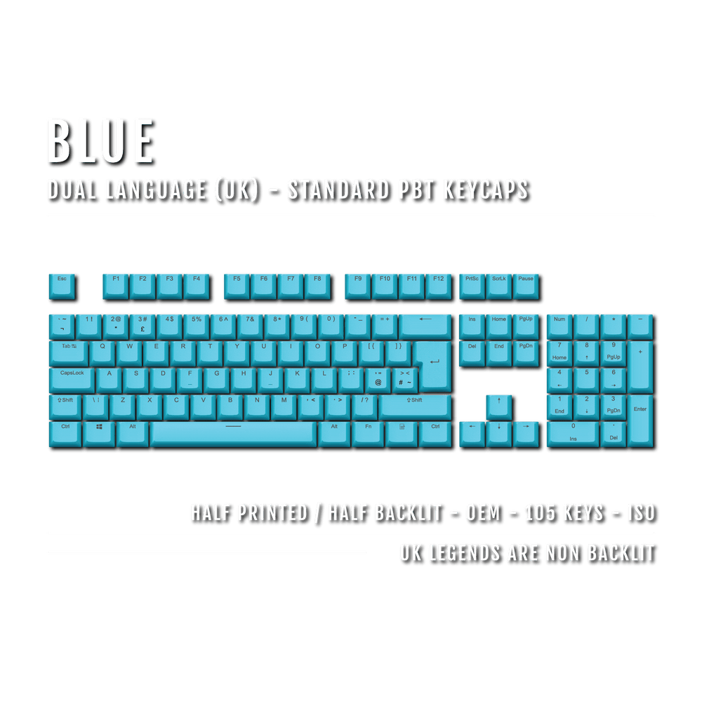 UK Blue PBT Keycaps - ISO/ANSI - 100% Size - Dual Language Keycaps - kromekeycaps