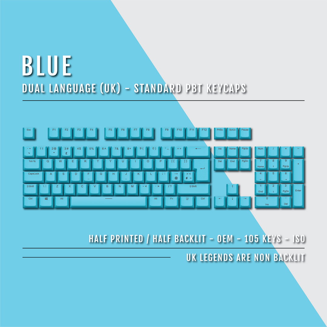 UK Blue PBT Keycaps - ISO/ANSI - 100% Size - Dual Language Keycaps - kromekeycaps