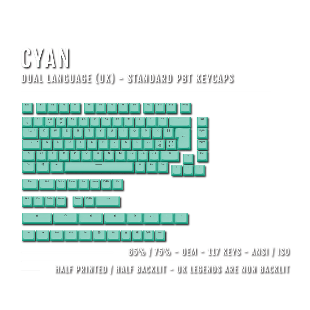 UK Cyan PBT Keycaps - ISO/ANSI - 65/75% Sizes - Dual Language Keycaps - kromekeycaps