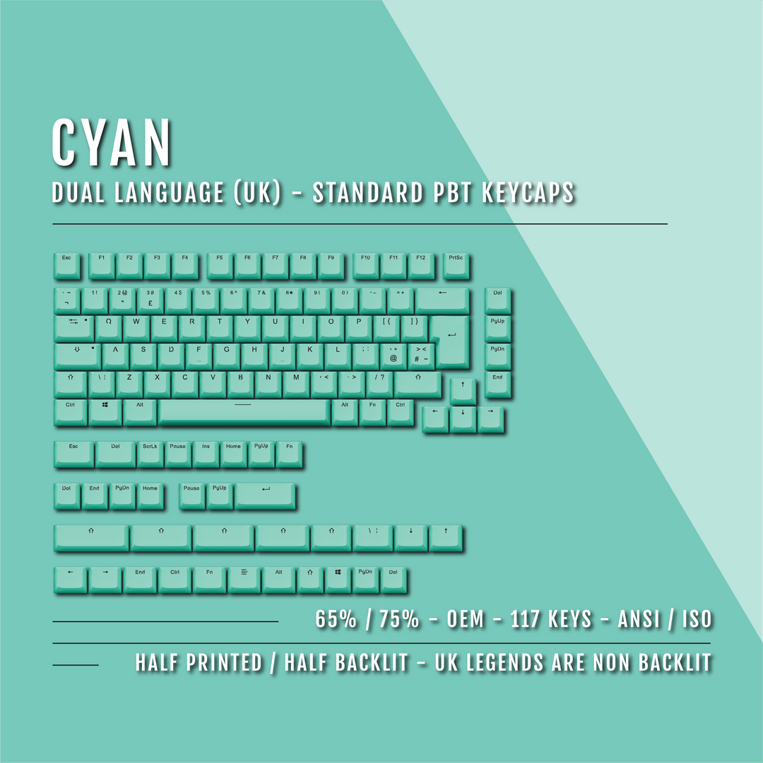 UK Cyan PBT Keycaps - ISO/ANSI - 65/75% Sizes - Dual Language Keycaps - kromekeycaps