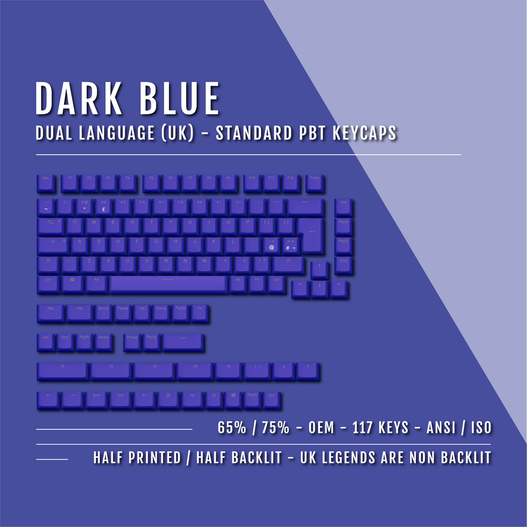 UK Dark Blue PBT Keycaps - ISO/ANSI - 65/75% Sizes - Dual Language Keycaps - kromekeycaps