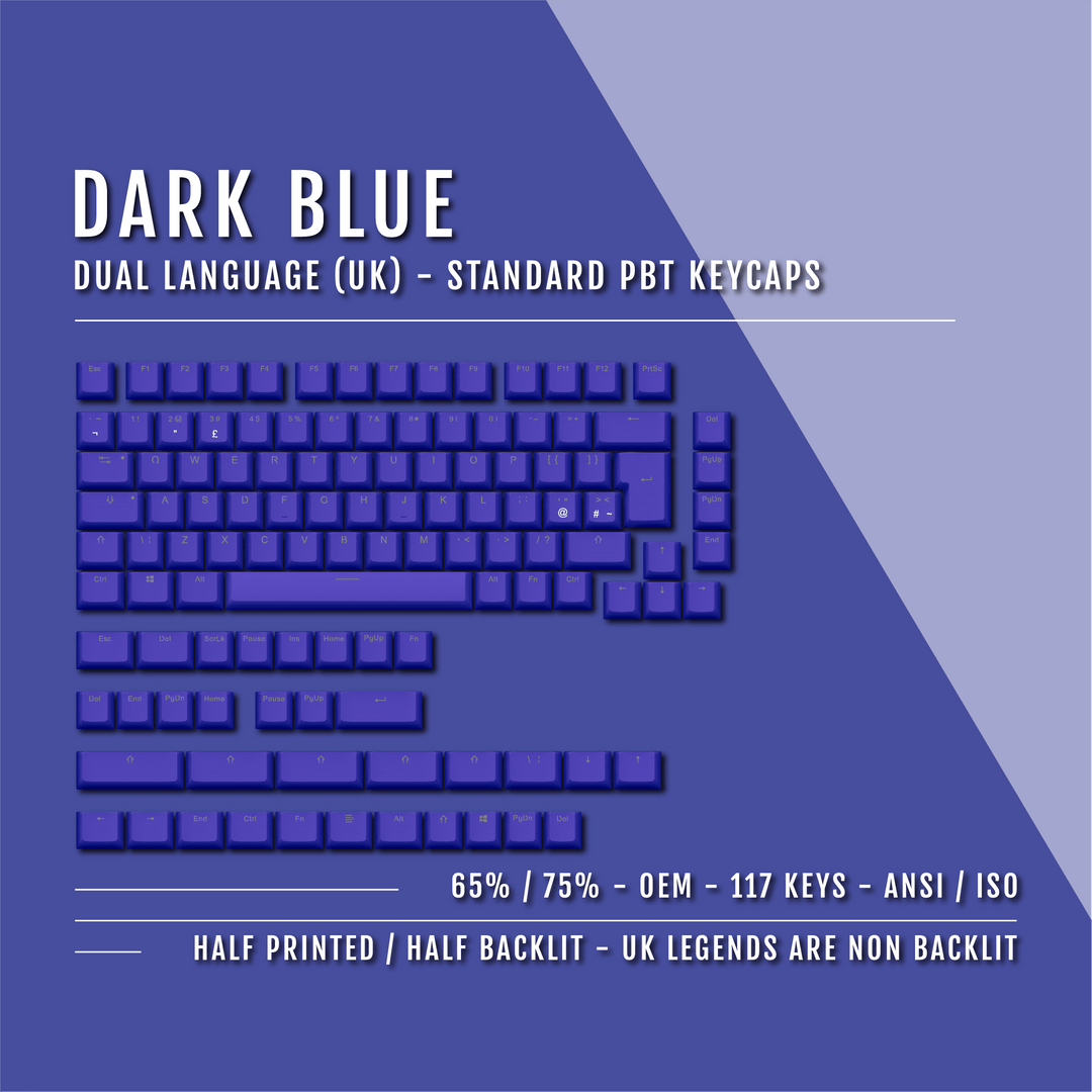 Dark Blue UK & Dual Language PBT Keycaps – 65/75% Krome Keycaps LTD Single Colour, UK