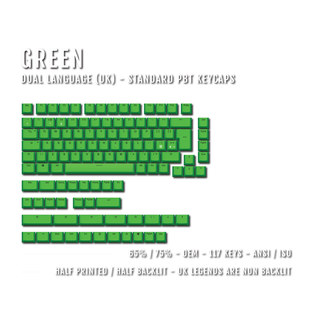 Green UK Dual Language PBT Keycaps - 65/75% Krome Keycaps LTD Single Colour, UK
