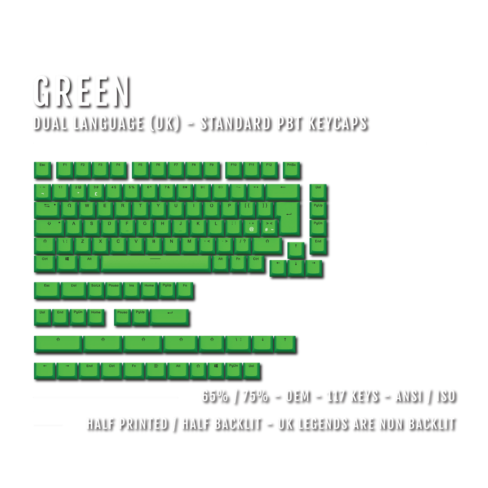 UK Green PBT Keycaps - ISO/ANSI - 65/75% Sizes - Dual Language Keycaps - kromekeycaps