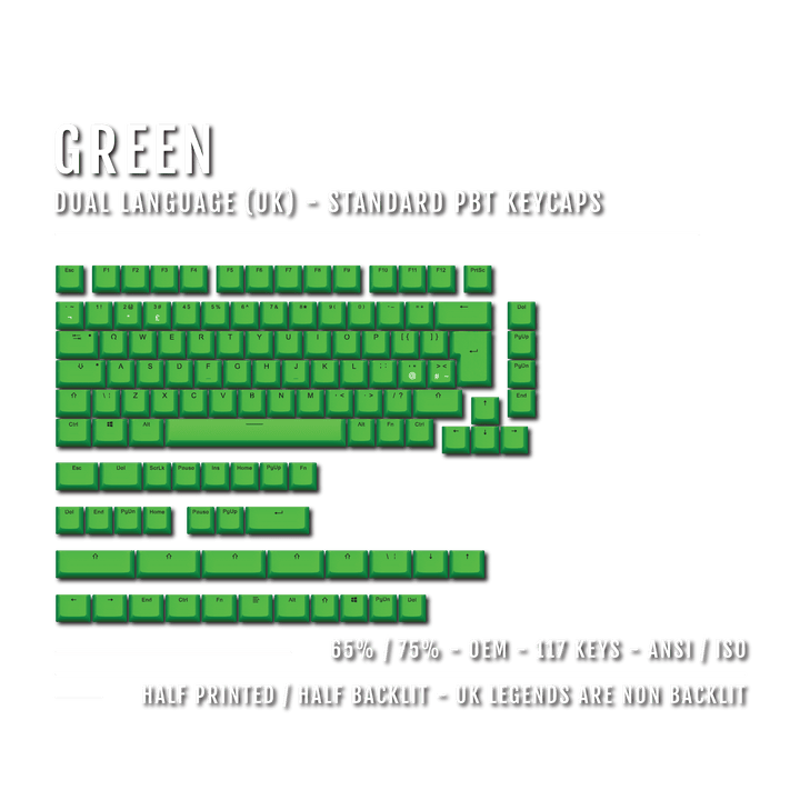 Green UK Dual Language PBT Keycaps - 65/75% Krome Keycaps LTD Single Colour, UK